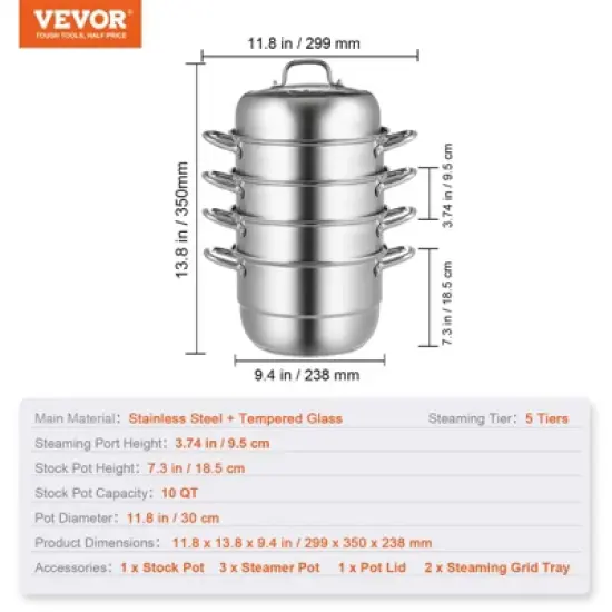 VEVOR Steamer Pot 11.8in/30cm, 5 Tier Steamer Pot for Cooking with 10QT Stock Pot, 3 Vegetable Steamers & 2 Steaming Trays, Silver image {7}