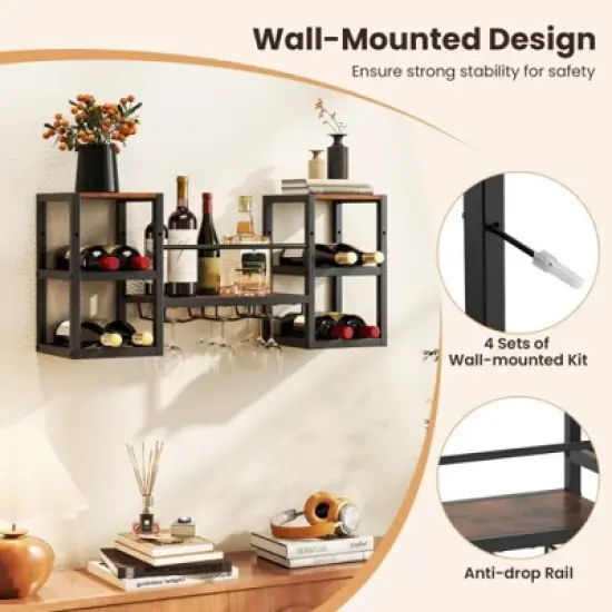 MOEPISY Heavy duty Wall Mounted Wine Rack with Glass Holder Metal Frame 8 Bottle Holder image {7}