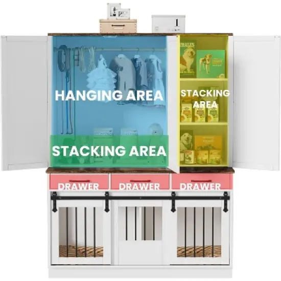 PAKASEPT 71" Tall Dog Crate Furniture, Indoor Dog Kennel with Wardrobe Closet, 46.5" W Dog Cage for Large/Medium Dogs, Wood Dog Crates with 3 Drawers image {4}