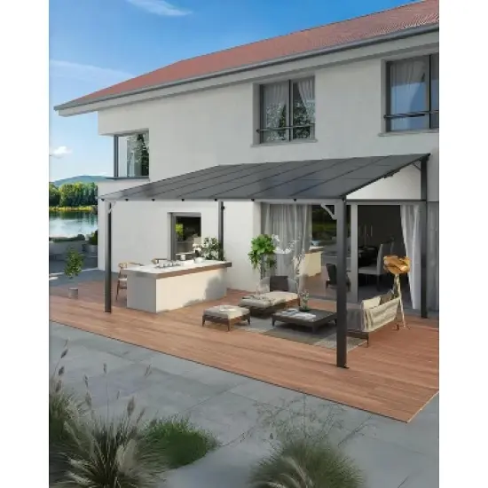 10 x 10 FT Wall Mounted Gazebo, Hardtop Lean-to Pergola with Polycarbonate Roof image {11}