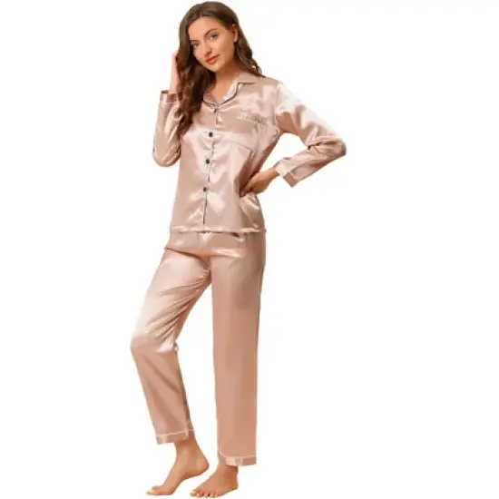 Allegra K Women's Satin Button Down Sleepshirt with Pants Halloween Pajama Set image {7}