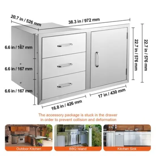 VEVOR Outdoor Kitchen Door Drawer Combo 38.1\'\'W x 22.6\'\'H x 20.8\'\'D, BBQ Access Door/Triple Drawers Combo with Stainless Steel Handles, Silver image {7}