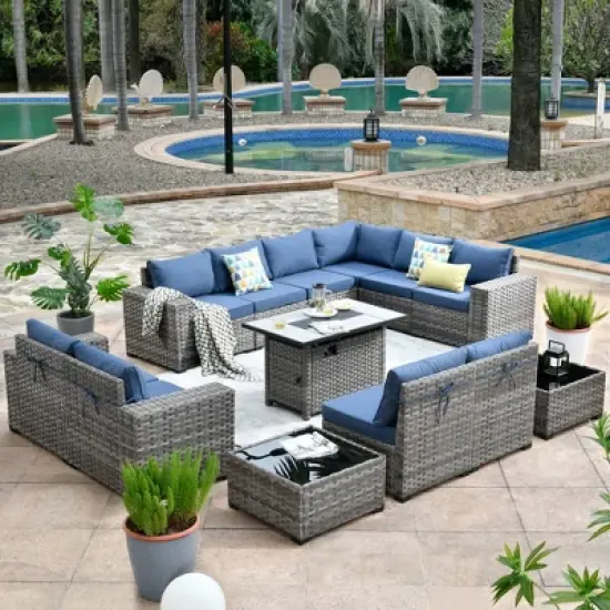 Marlton 13pc Wicker Outdoor Patio Furniture Set Conversation Sofa Set with a Rectangle Fire Pit and Cushions image {15}