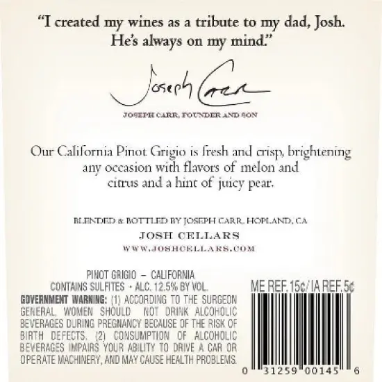 Josh Pinot Grigio White Wine - 750ml Bottle image {9}
