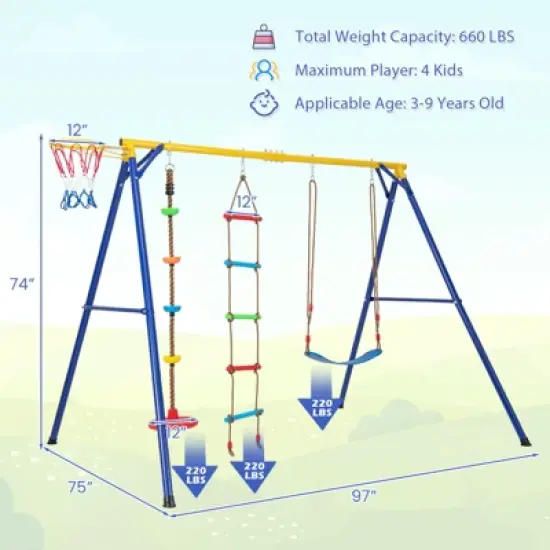 Costway 4-in-1 Kids Swing Sports Set Carbon Steel Swing Stand w/Basketball Hoop Climbing Ladder image {2}