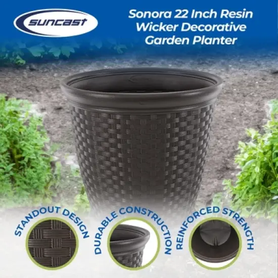 Suncast Sonora 22 Inch Resin Wicker Decorative Garden Planter, Java (2 Pack) image {1}