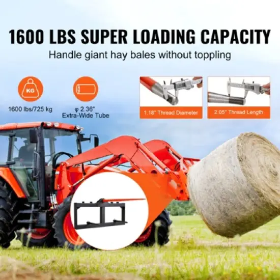 VEVOR 49" Hay Spear, Bale Spears 1600lbs Loading Capacity, Skid Steer Loader Tractor Attachment with 2pcs 17.5" Stabilizer Spears, Black image {2}