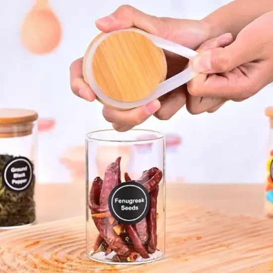 12 Pcs Round Spice Jars with Bamboo Lids and Stickers, Glass Storage Jars, Candy Jars, Coffee Jars, Salt Jars, Pepper Jars, Tea Jars image {6}