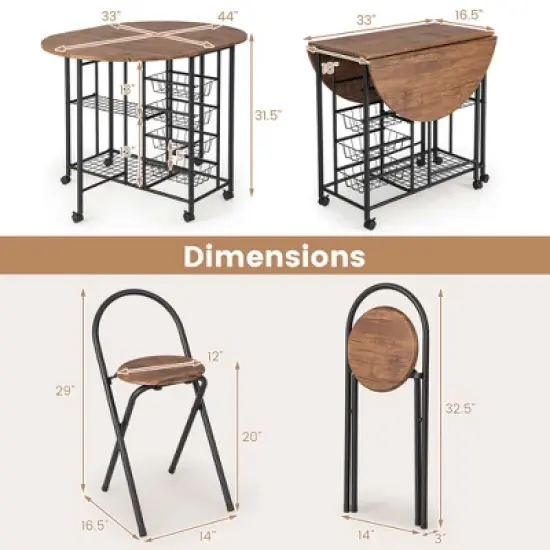 Costway 3 PCS Folding Dining Table & Chair Set Collapsible Drop Leaf Table for Kitchen image {2}