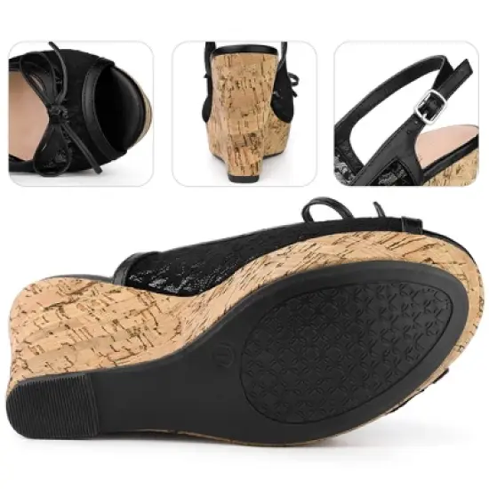 Perphy Platform Heels Lace Bow Slingback Wedge Sandals for Women image {2}