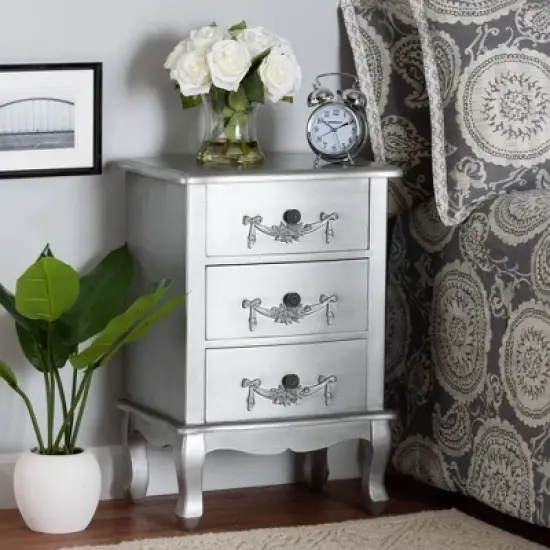 Callen Brushed Wood 3 Drawer Nightstand Silver - Baxton Studio image {1}
