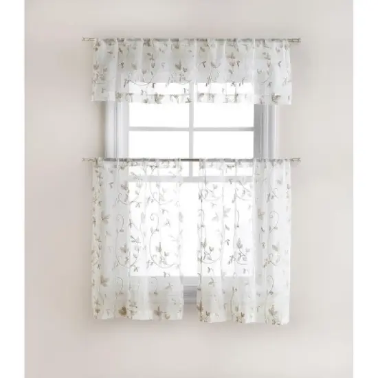 Kate Aurora Floral Embroidered Sheer Rod Pocket Kitchen Curtain Tier & Valance Set image {3}