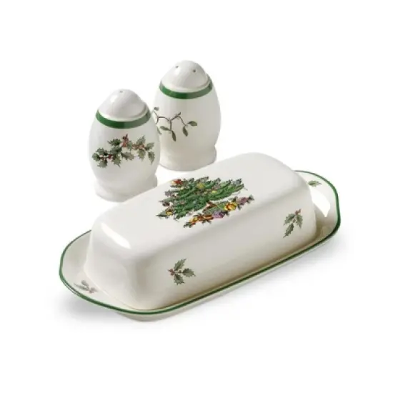 Spode Christmas Tree 3-Piece Hostess Set - Butter Dish with Lid, Salt Shaker, Pepper Shaker  - Dishwasher Safe Collectible Gift Set image {7}