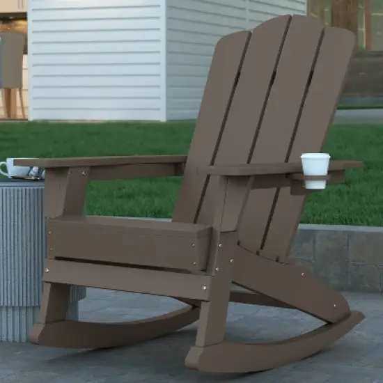 Emma and Oliver Adirondack Rocking Chair with Cup Holder, Weather Resistant HDPE Adirondack Rocking Chair in Brown image {3}
