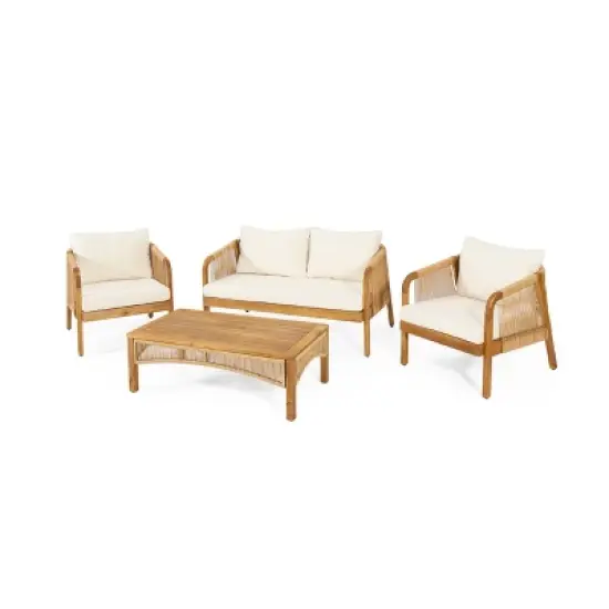 FIONECA 4-Piece Acacia Wood Patio Conversation Set with Coffee Table &uml;C Brown Frame & Beige Cushions, Outdoor Seating for Garden, Porch, Backyard image {6}