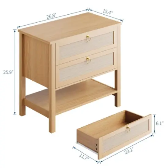 GustoWave Rattan Night Stand Set of 2,with 2 Rattan Drawers,Large Bedside Table Side Table with Open Storage Shelf, Farmhouse Nightstand image {2}
