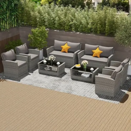 Costway 8 PCS Patio Furniture Set with 4 Rattan Chairs Loveseat Coffee Table Cushions image {9}