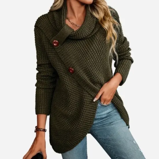 Women's Buttoned Turtleneck Wrap Sweater - Cupshe image {4}