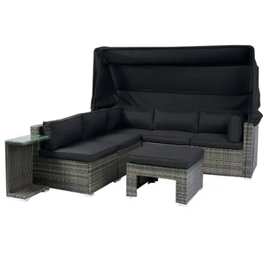 YOOCOZZ Outdoor PE Wicker Daybed & Sectional Sofa with Retractable Canopy and Removable Cushions - Black image {2}
