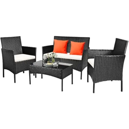 Costway 4PCS Patio Rattan Furniture Set Cushioned Sofa Coffee Table Backyard Porch White image {1}