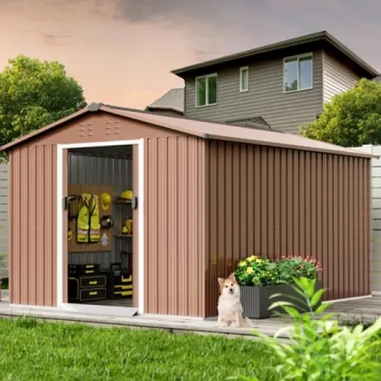 TROPOW 8x12 FT Outdoor Storage Shed, Metal Garden Shed with Lockable Door,and Sloped Roof, Utility Metal Tool Storage Sheds for Backyard, Brown image {7}