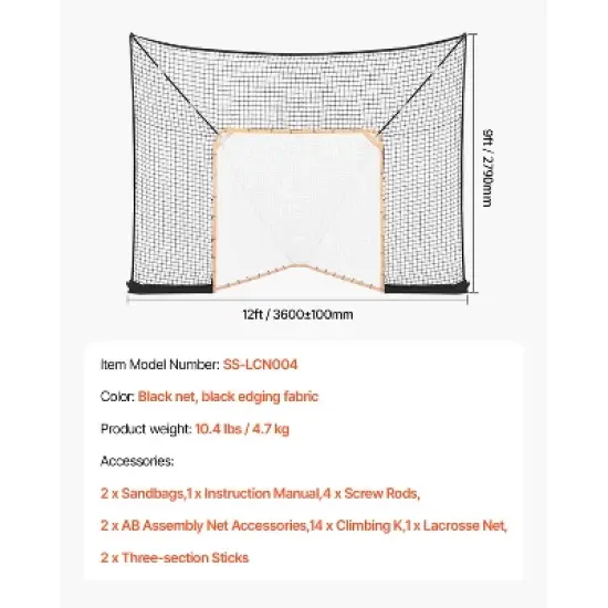 VEVOR Hockey and Lacrosse Goal Backstop, 12x9 ft Lacrosse Net with Extended Coverage, Backyard Lacrosse Equipment, for Youth Adult (NET ONLY), Black image {7}