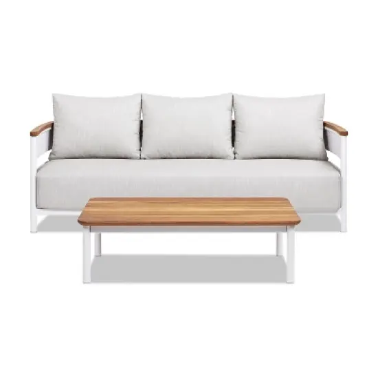 FIONECA 2-Piece Teak & Aluminum Outdoor Sofa with Coffee Table, Modern Patio Conversation Set with Cushions for Garden & Backyard image {6}