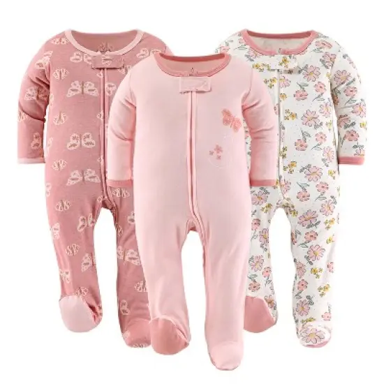 The Peanutshell Boho Floral Butterfly Footed Baby Sleepers for Girls, 3-Pack image {6}