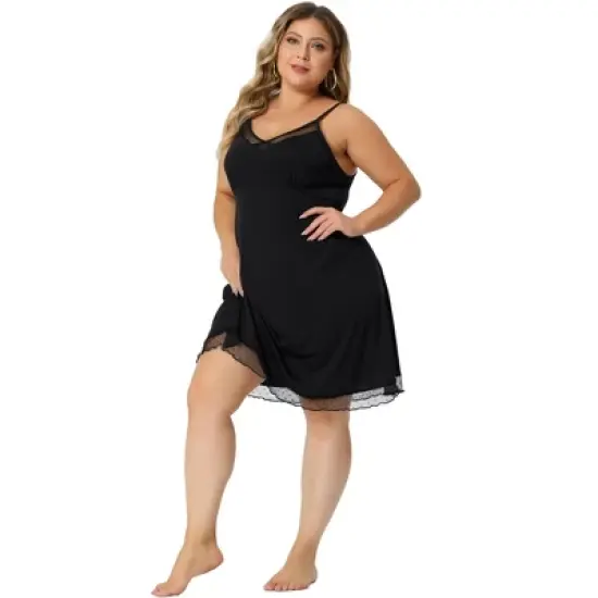 Agnes Orinda Women's Plus Size V Neck Spaghetti Strap Adjustable Mesh Panel Hem Sleeveles Lace Trim Nightgown image {2}