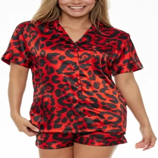 Womens Satin Pajamas Lounge Set, Silk like Short Sleeve Top and Shorts with Pockets, Animal Prints image {5}