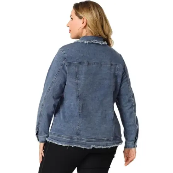 Agnes Orinda Women's Plus Size Denim Chest Pocket Frayed Washed Crop Jean Jackets image {4}