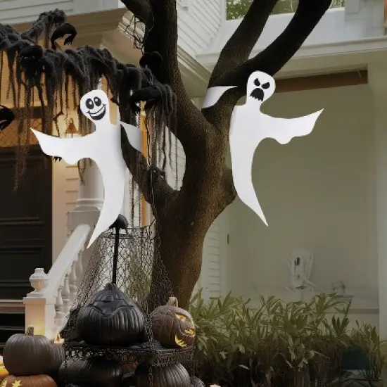 Joyfy 2Pcs 53" Halloween Bendable Tree Wrap Ghost, Smiling Ghost Hanging Decor Party Supplies for Tree, Porch, Yard, Lawn Outdoor image {8}