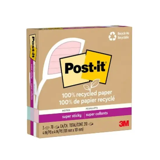 Post-it Recycled Super Sticky Notes 4"x4" Pastels: 100% Recycled Paper, 0.3 Inch Rule, Multicolored, 210 Sheets image {1}