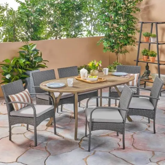 Mason 7pc Acacia Wood & Polyethylene Wicker Dining Set: Christopher Knight Home, Cushioned Chairs image {6}