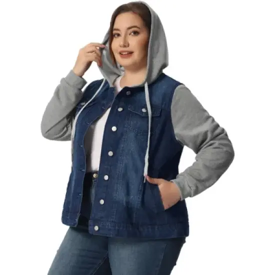 Agnes Orinda Women's Plus Size Denim Hood Drawstring Fall Winter Button Jean Jackets image {9}