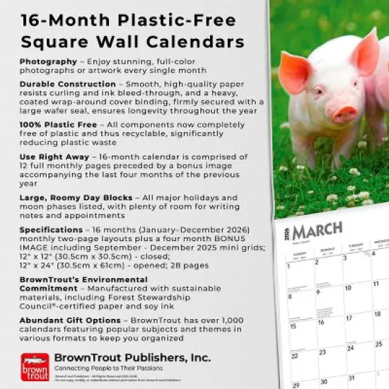 BrownTrout Piglets 2026 12"x24" Hanging Square Wall Calendar Plastic-Free image {5}