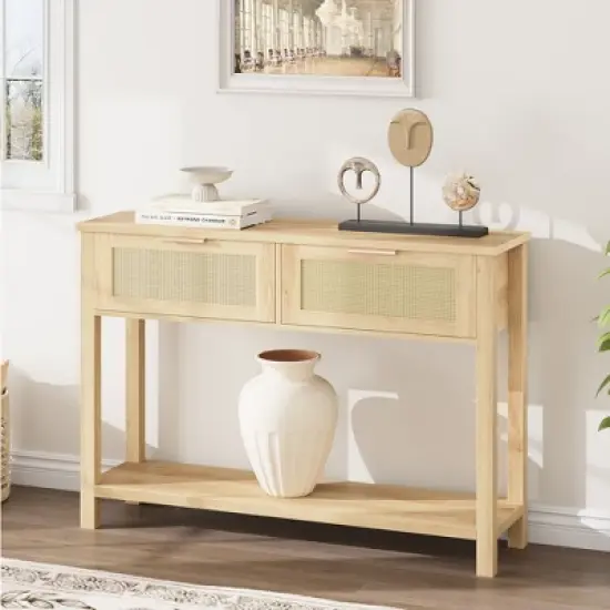 Entryway Table with Drawers, Rattan Console Table with Storage, Boho 2-Tier Sofa Table for Living Room and Hallway image {2}