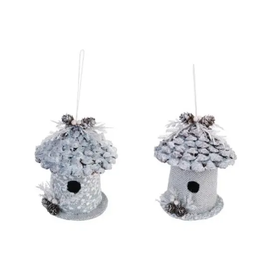 Transpac Pinecone Silver Bird House Decor Set of 2 Christmas Home Decorations for Festive Holiday Charm image {1}