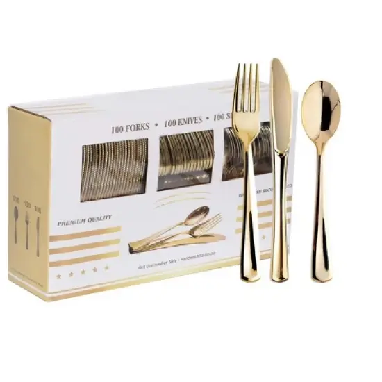 Itopfox 300PCS Gold Plastic Silverware Set, Heavy Duty Disposable Flatware Dinnerware, 100 Forks, 100 Spoons 100 Knives for Party, Wedding, Daily Use image {8}