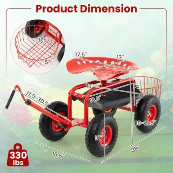 Tangkula Rolling Garden Cart Scooter w/ Adjustable Seat Storage Basket Tray Red image {8}