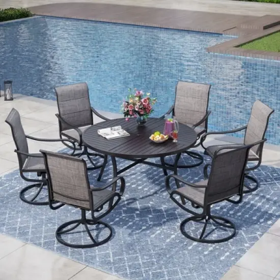 Captiva Designs 7pc Black Slatted Round Steel Table with Umbrella Hole & Grayish Brown Textilene Chairs image {18}