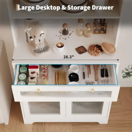 Kitchen Pantry Cabinet 62 Inch Freestanding Hutch Cupboard with Large Countertop Glass Doors Drawer and Adjustable Shelves Microwave Cabinet image {5}