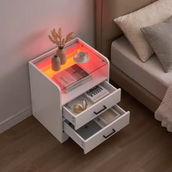 Homhougo Nightstand Set of 2, White Night Stand with LED Lights and 2 Drawers White image {5}