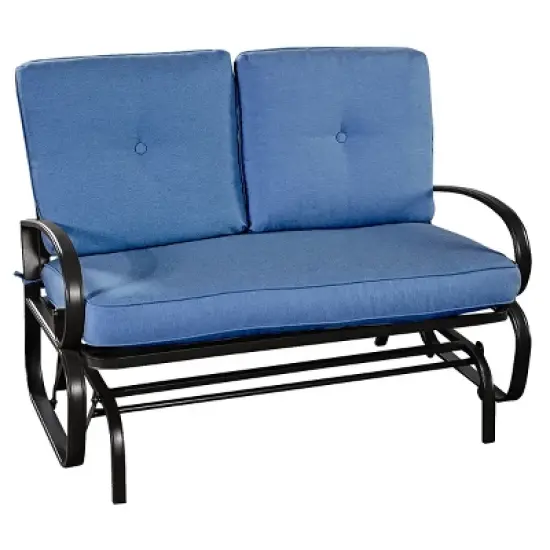 Costway Glider Outdoor Patio Rocking Bench Loveseat Cushioned Seat Steel Frame Blue image {9}
