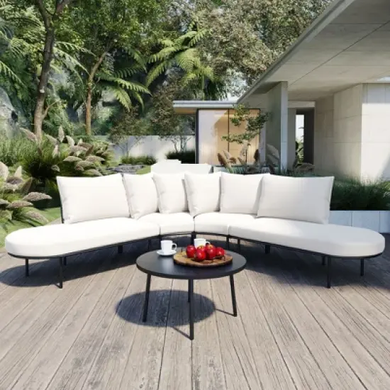 FIONECA Half-Moon Outdoor Sofa Set with Coffee Table, All-Weather Iron Frame & Cushions, Beige Patio Conversation Set for 6 image {11}