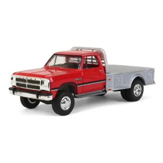 Greenlight Collectibles 1/64 1992 Dodge Ram 1st Generation Truck Red with Silver Flatbed & Silver Gooseneck Trailer 51387-B image {4}