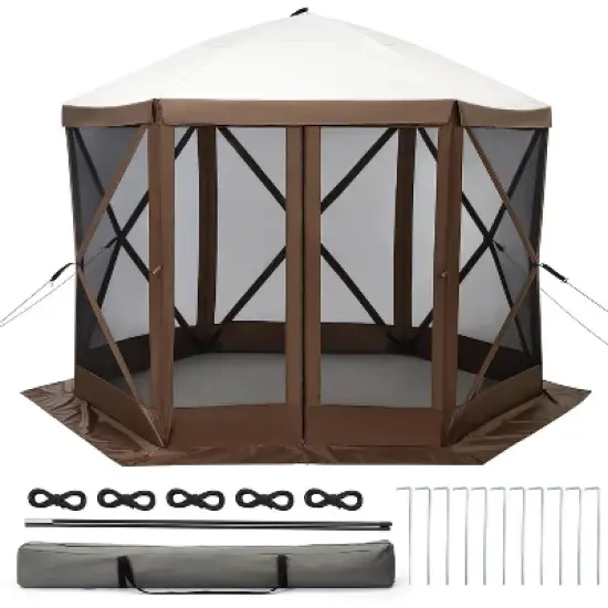 Hexagonal Pop-up Canopy Shelter Shade Tent with Mosquito Netting & Carry Bag, Portable Gazebo Tent for Camping Backyard Garden, Brown 11.5*11.5FT image {2}