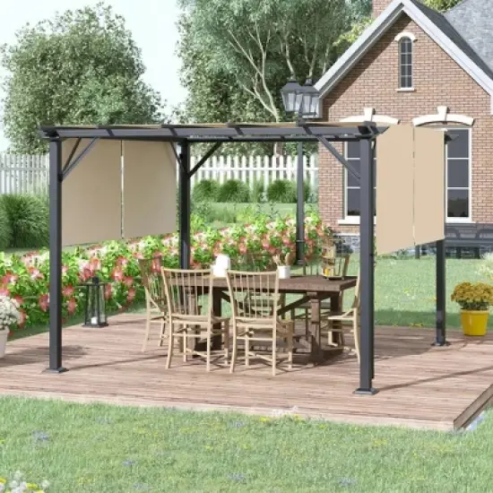 Resenkos Outdoor Garden Gazebo, Sunshade Gazebo Canopy,12' x 10' Outdoor Retractable Pergola Canopy for Garden Porch Beach, Beige Beige, Black image {1}