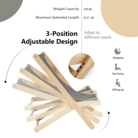 Costway Foldable Wood Beach Sling Chair 3-Position Adjustable Beech Chair w/Free Cushion image {5}