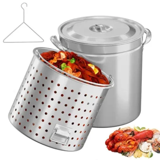 Winado 44 QT 3-Piece Stainless Steel Stock Pots with Strainer Basket, Lid, Hook and Steamer image {9}